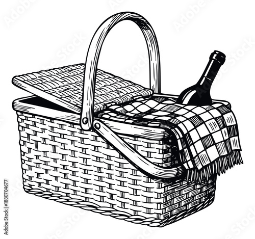 Wicker picnic basket filled with a bottle and checkered blanket, ideal for evoking delightful summer excursions and outdoor dining experiences in leisure promotions.