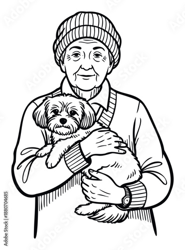 Happy senior woman lovingly holding her small pet dog, symbolizing companionship and joy for pet care and elderly lifestyle concepts