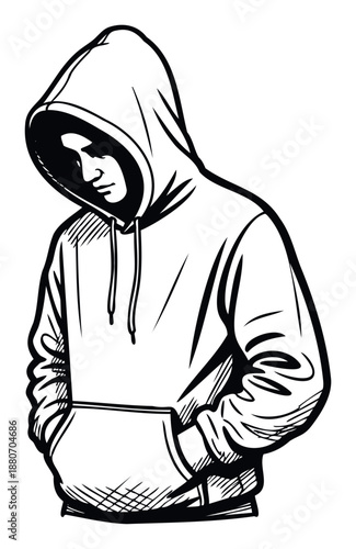 Young person wearing a casual hooded sweatshirt with hands in pockets looking down, suitable for urban lifestyle clothing brands or modern streetwear apparel designs and youthfocused media.