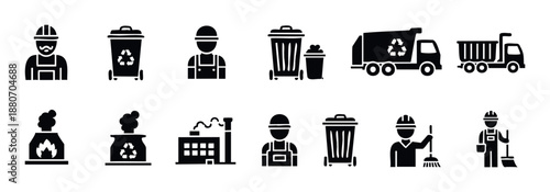 Essential waste management and recycling industry glyph icons for environmental applications, public services, company presentations, and sustainable business operations