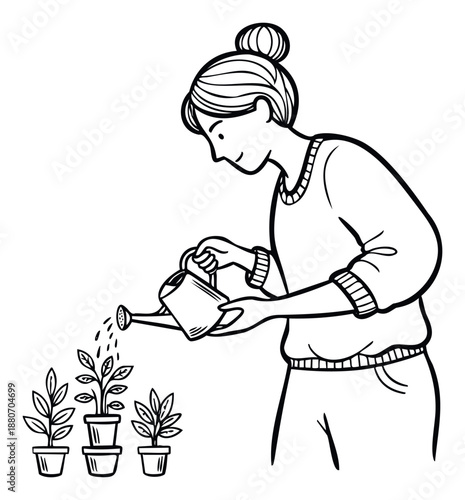 Woman tending to small potted plants with a watering can, symbolizing growth and nurture, suitable for environmental or lifestyle promotions.