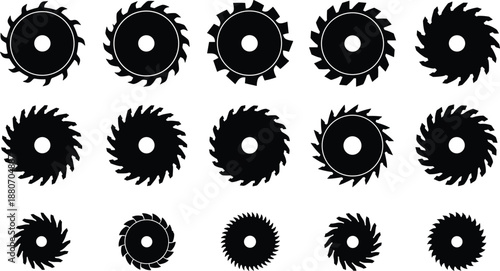 Set of circular saw blade silhouettes, industrial cutting tools and woodworking equipment icons isolated on white background, construction, carpentry, metal