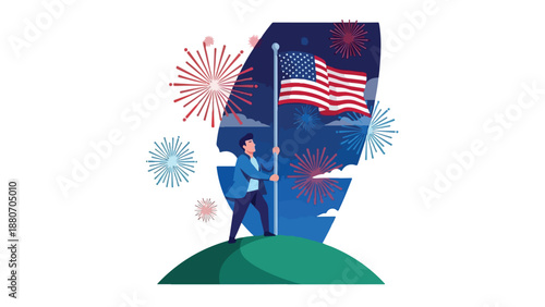 Illustration of a man in a blue suit holding an American flag on a green hill with fireworks exploding in the night sky.