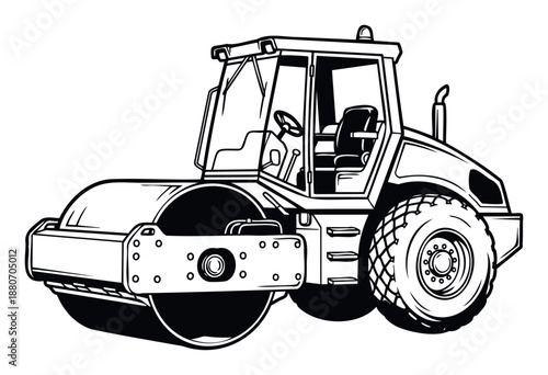 Detailed black and white line drawing of a powerful road roller heavy construction vehicle designed for asphalt compaction and ground flattening in engineering and industrial projects.