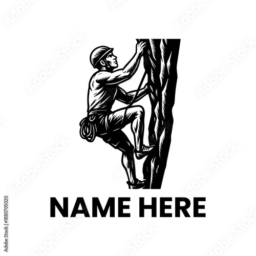 Dynamic monochrome illustration of a determined rock climber ascending a steep rock face, embodying strength, adventure, and the spirit of challenge, ideal for a strong brand identity or emblem