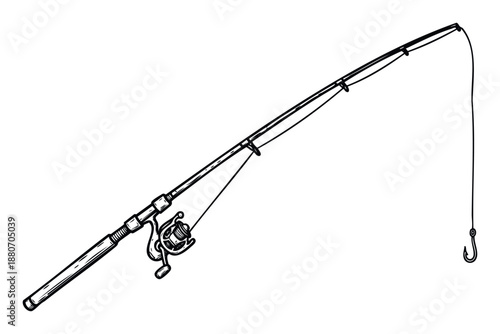 A detailed black and white drawing of a fishing rod complete with a spinning reel and hook, perfect for outdoor hobby guides, sports equipment advertisements, or leisure activity promotions.