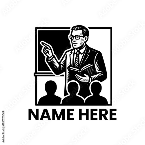 Professional male teacher instructing students in a classroom setting, holding a book and pointing at the blackboard with a serious expression