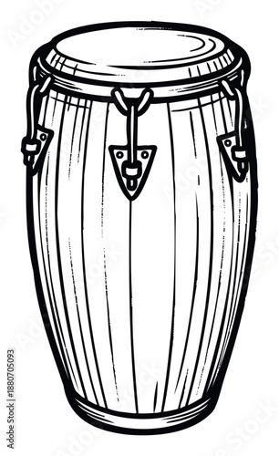 Stylized black and white drawing of a rhythmic conga drum, excellent for musicthemed graphics, cultural event promotions, and educational resources on percussion instruments.