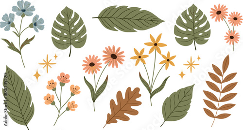 Hand drawn autumn floral illustration set with leaves and wildflowers, warm seasonal botanical elements collection for fall designs, stationery, and decorative flat vector artwork