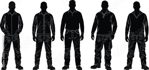 Black silhouettes of five men standing in casual outfits and boots representing a diverse team of workers or professional group.