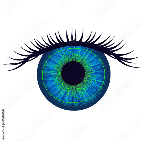 digital eye with vibrant blue iris and glowing green futuristic biometric pattern representing advanced technology data and secure vision.