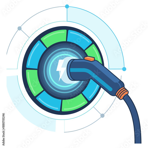 ev charging technology graphic depicting a plug connected to a digital power indicator symbolizing clean sustainable energy solutions for electric vehicles.