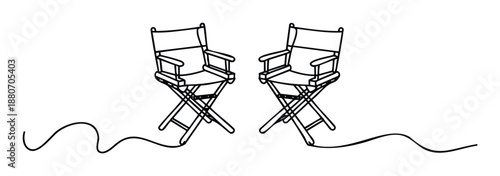 Simple continuous line drawing of two director chairs with elegant curving lines representing connection and movement, ideal for creative industry publications and entertainment related