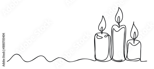 Continuous line drawing of three burning candles symbolizing peace, hope, and remembrance, perfect for holiday greetings, spiritual themes, or decorative projects.