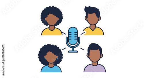 podcast discussion with diverse people collaborating around a microphone ideal for online content media production and team communication.