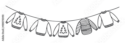 Outline drawing of various holiday sweaters strung together, ideal for decorating seasonal brochures, crafting festive social media posts, and adding warmth to winter designs.