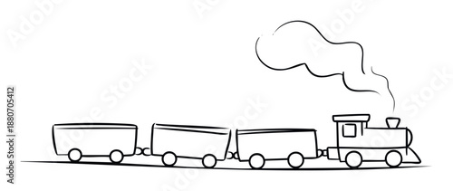 A simple black line drawing of a toy train with three cars and steam coming from the engine moving along a single track, perfect for childrens books or educational materials.