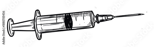 Hand drawn sketch of a medical syringe with a sharp needle for injections and vaccinations, essential for healthcare, medicine, and pharmaceutical visual campaigns.