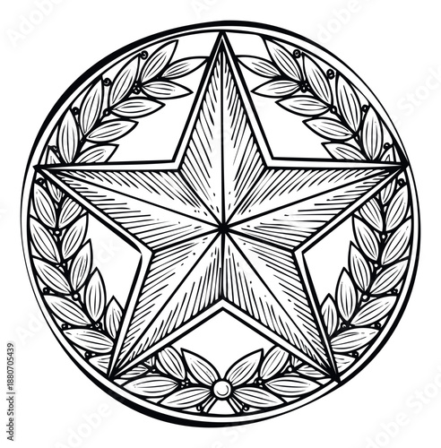 Detailed black and white engraving style graphic depicting a prominent fivepointed star encircled by classic laurel wreaths and elegant floral motifs, ideal for award certificates, emblem