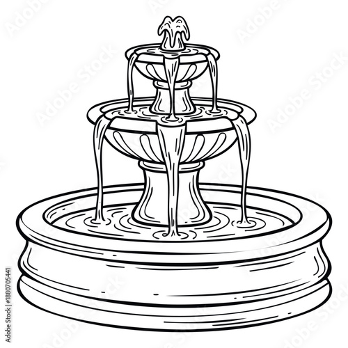 Decorative outdoor fountain with cascading water streams across multiple bowls, ideal for architectural renderings, landscape planning, and peaceful backyard decor.