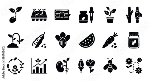 Plant and gardening icons depicting seed germination, cultivation, growth stages, agricultural processes, and natural life cycles perfect for educational resources, farming businesses, and