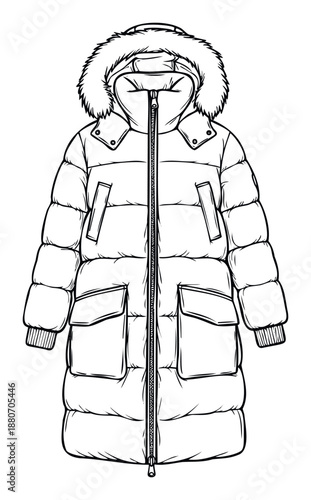 A stylish outline drawing of a long puffer coat with a fur hood and practical pockets, perfect for illustrating winter outerwear designs, fashion catalogs, or clothing product