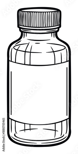 Simple outline drawing of a classic pharmaceutical medicine bottle with a ribbed screw cap and a blank label, perfect for healthcare resources, packaging mockups, and wellness informational