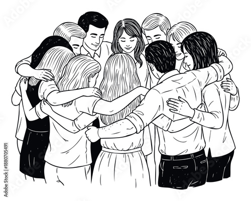Young adults standing together in a comforting embrace, showcasing mutual support and a strong bond, ideal for content related to friendship, team building, or social welfare initiatives