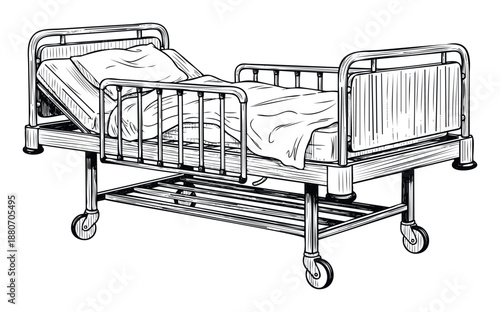 This detailed hand drawn sketch of a classic medical hospital bed complete with mattress, pillow, and adjustable side rails is perfect for healthcarerelated projects, medical facility