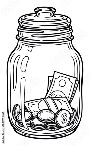 A line drawing depicting a money jar filled with paper currency and metallic coins, symbolizing personal savings or financial investment for economic growth and future planning.