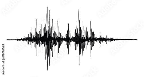Vibrant black sound wave fluctuating on a pure white background, ideal for depicting audio recordings, music visualization, or seismic data in various technological and scientific contexts.