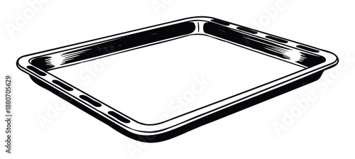 Black and white stylized drawing of an empty rectangular baking sheet, ideal for culinary websites, cooking instruction materials, or kitchenware product promotions.