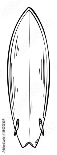 A classic black outline drawing of a surfboard viewed from above, perfect for illustrating summer activities, water sports, beach vacations, or surf culture themes in various graphic