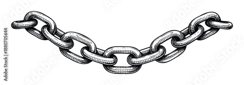 Secure interlocking metal chain with a vintage engraved line drawing style providing a powerful visual for concepts of strength, unity, restriction, and industrial applications.