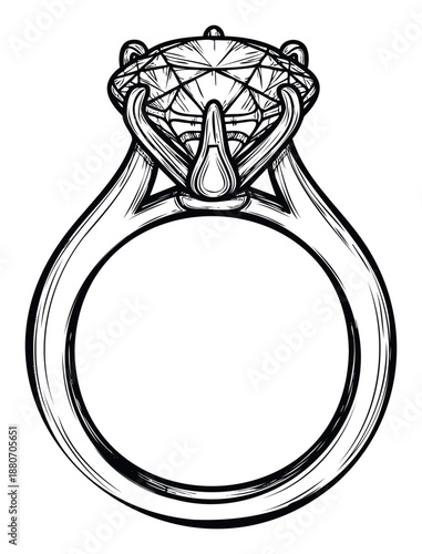Elegant solitaire diamond engagement ring line drawing for luxury jewelry promotions, wedding celebration invitations, and romantic event advertisements.