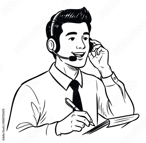 Enthusiastic male call center agent wearing a headset and writing on a notepad, ideal for depicting customer support, online communication, telemarketing, or educational services.