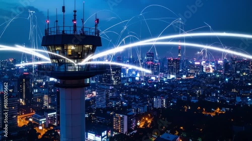 Night Cityscape with Data Network: Futuristic Communication and Connectivity