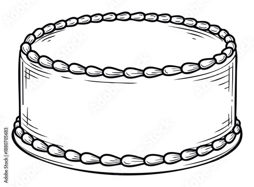 A simple outline drawing of a classic round celebration cake with decorative frosting borders perfect for birthday party invitations, bakery menus, or sweet treat marketing
