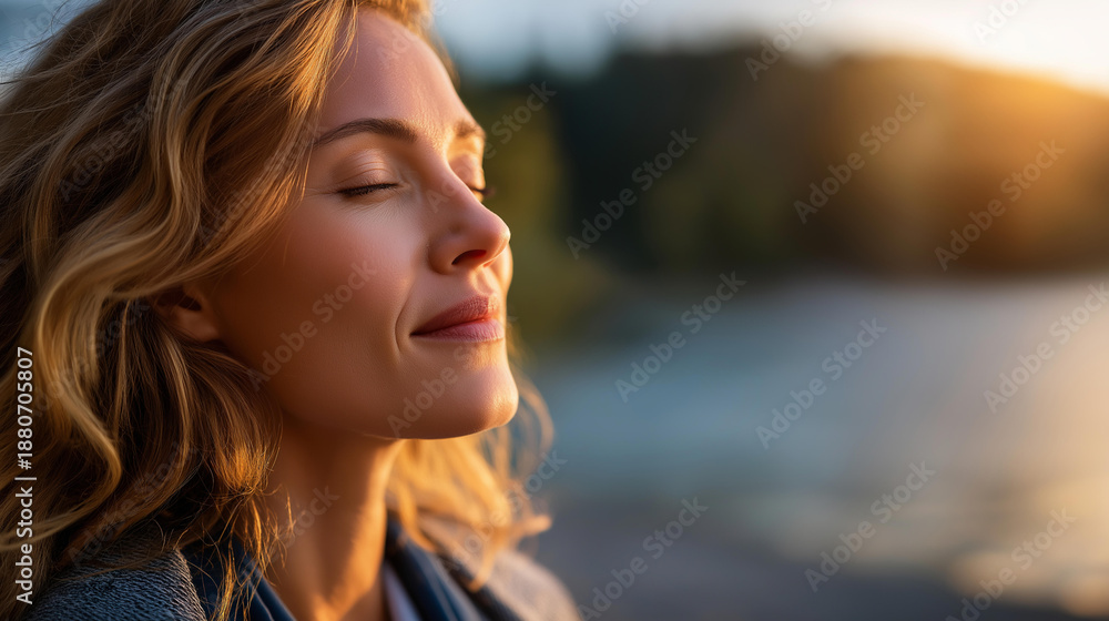 Obraz premium Faceless relaxed woman enjoying nature's calm, embracing mindful and healthy way of life, outdoor wellness, natural tranquility, defocused person, with copy