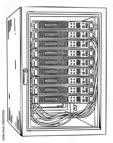 Black and white line drawing depicting a server rack filled with multiple computing units and power cables, ideal for illustrating data center operations or network infrastructure concepts