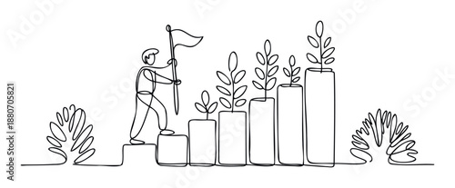Continuous line drawing of a person climbing a growing bar graph with plants, holding a flag, symbolizing business success, career progress, and personal achievement for corporate