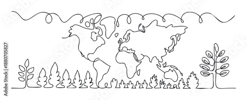 Continuous line drawing of a world map featuring diverse trees and foliage representing global ecological connections and environmental sustainability for educational or awareness media.