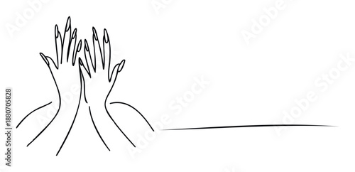 Elegant minimalist continuous line drawing depicting two graceful hands with long nails touching, creating a sense of connection, perfect for beauty brand advertising or feminine lifestyle