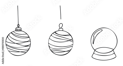 Simple line drawings of festive holiday ornaments including striped Christmas balls and a classic snow globe for seasonal greeting designs and cheerful winter decor projects