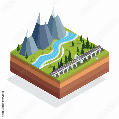 Isometric landscape with mountains river and railway bridge.