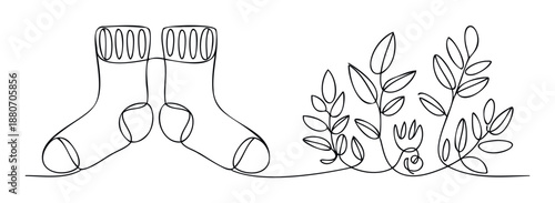 Simple continuous line drawing depicting cozy socks extending into organic botanical elements with a fresh flower, excellent for lifestyle branding, minimalist aesthetic, or ecofriendly