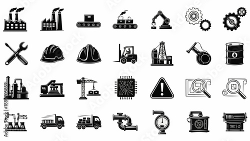 Industrial Icons Set Manufacturing Technology Engineering Symbols.