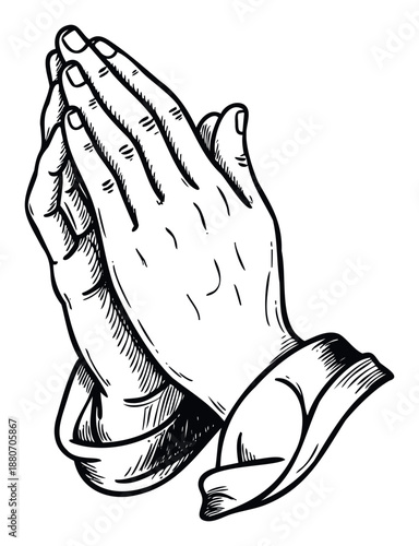 Clasping hands in a solemn gesture of prayer or spiritual reverence, suitable for conveying themes of hope, faith, and contemplation across various media applications.
