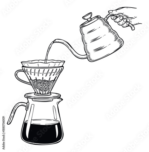 Hand pouring hot water from gooseneck kettle into a coffee dripper brewing fresh ground coffee for cafe branding beverage advertisements or home kitchen decor designs