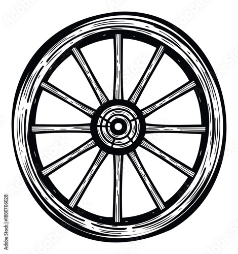 Sturdy wooden wagon wheel graphic for conveying rustic charm and vintage transportation concepts in various print and digital media projects.